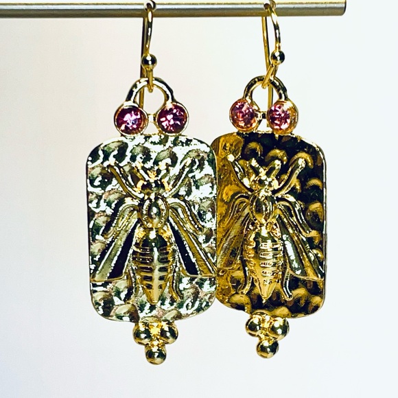 Gold Bee Pink Rhinestone Earrings | Gold Bee Earrings Anthro Vibes 🐝 FreeW/35 - Picture 4 of 13